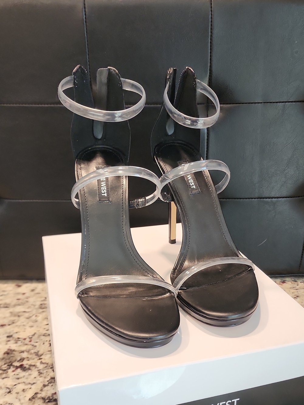 Nine West Leah3 Black Heeled Sandals with Clear Straps